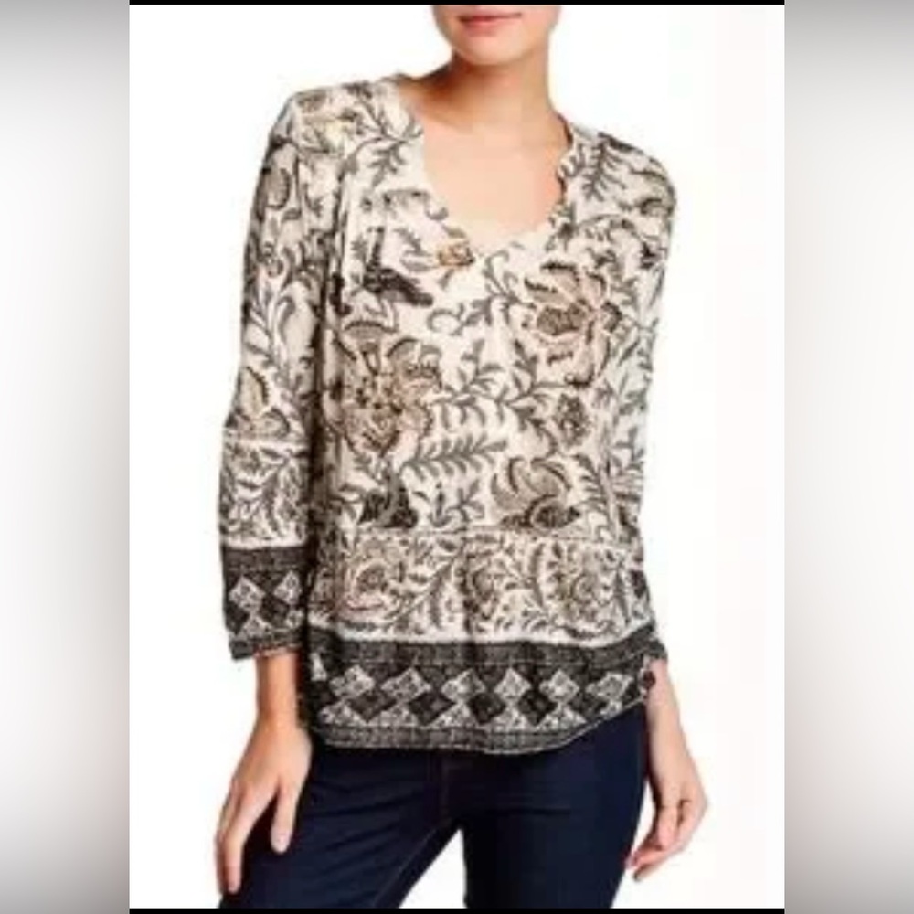 Lucky Brand 3/4 Sleeve Floral /Bird Peasant Split Neck Top size 2X Boho - Picture 9 of 10